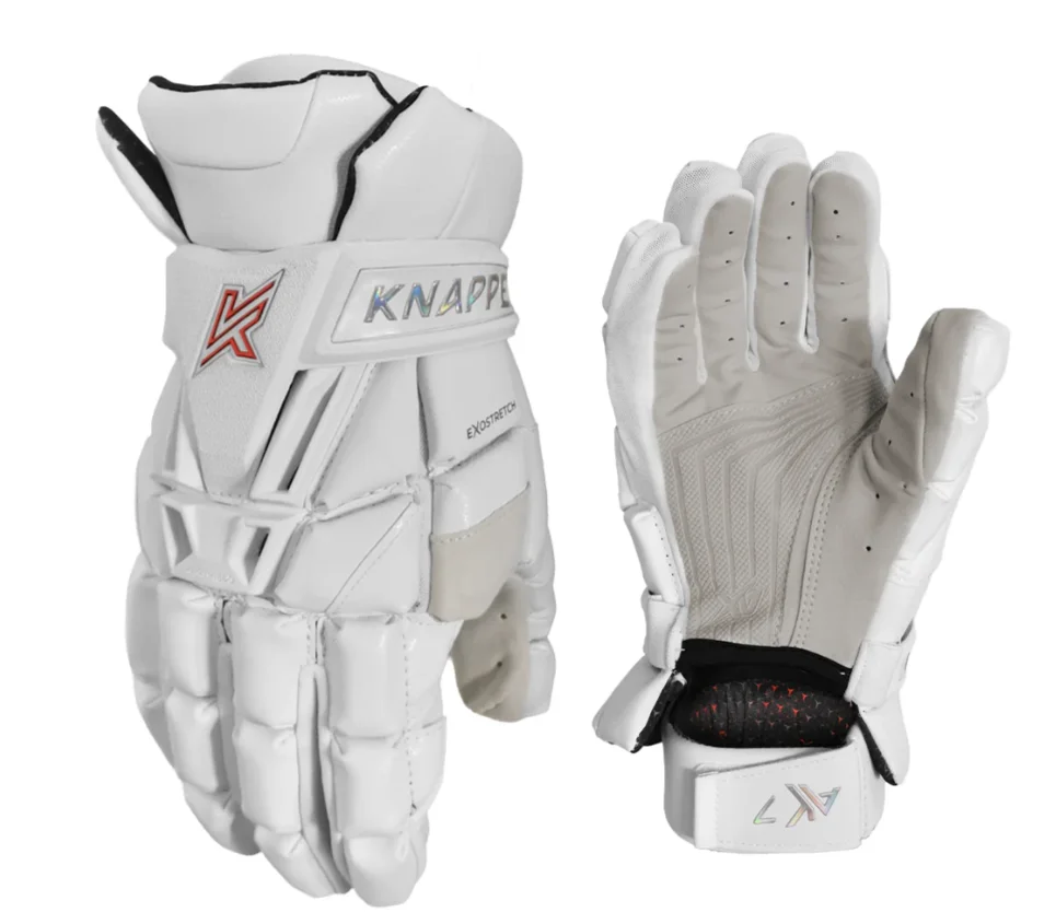 Knapper AK7 v2 ball hockey gloves in white, back-of-hand and palm views