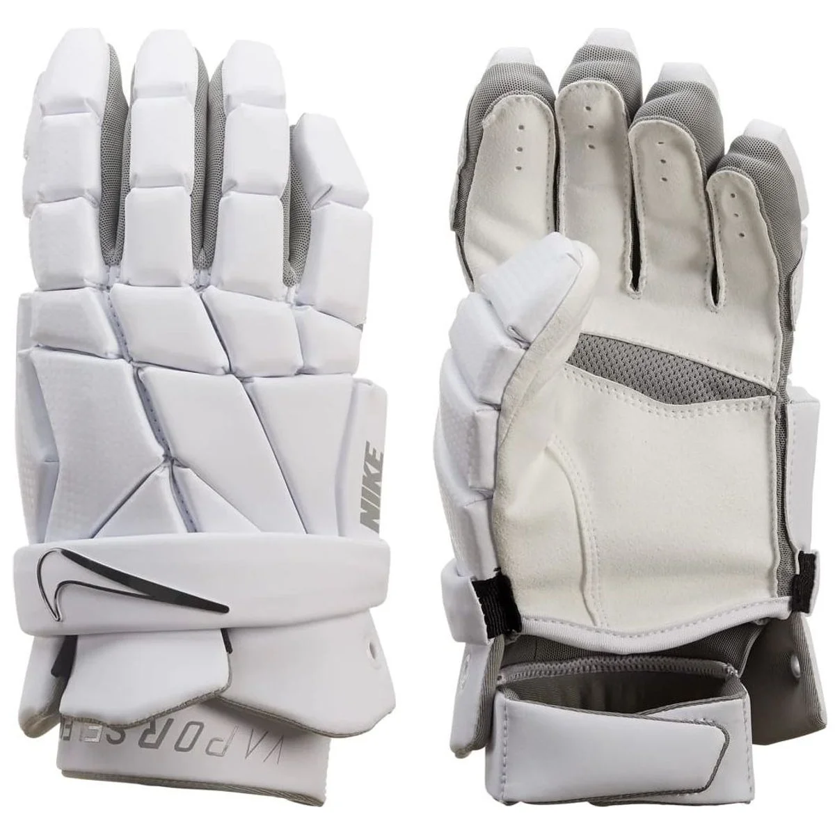 Nike Vapor Select lacrosse gloves in white, back-of-hand and palm views